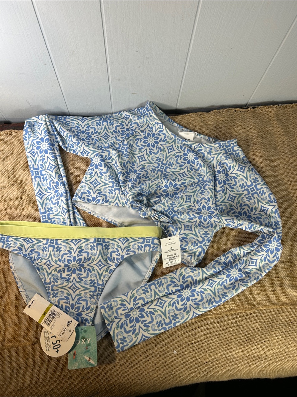 Roxy UPF 50+ Blue Floral Two-Piece Rash Guard Swim Set with Yellow Waistband